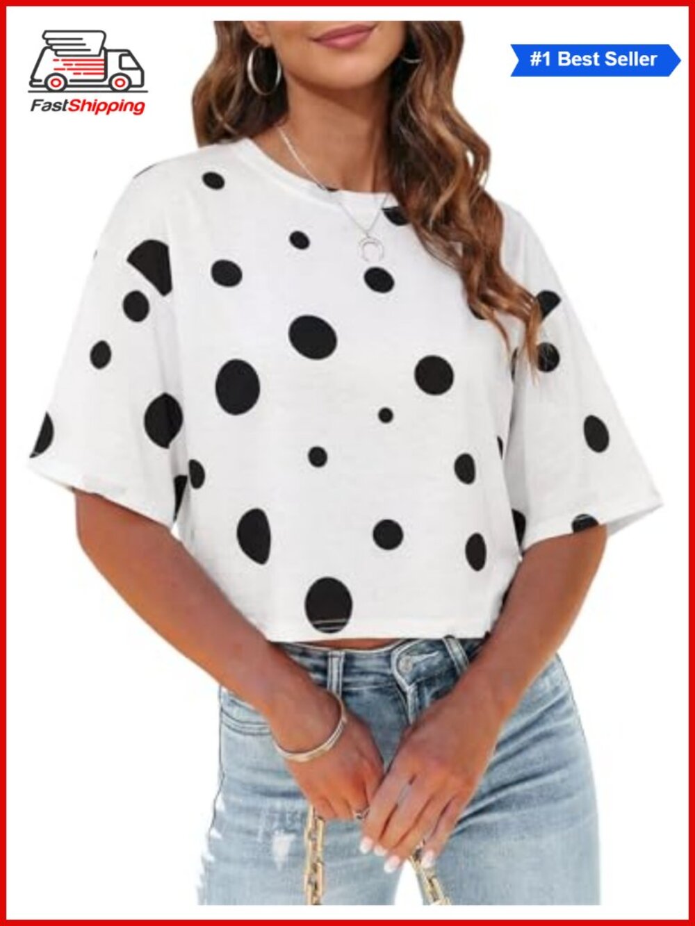 ✨ Tankaneo Womens Summer Crop Top Half Sleeve Polka Dot Casual Cropped Tee